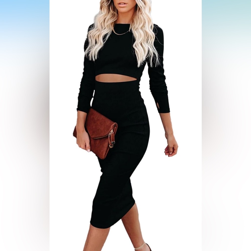 Womens Knit Dress Crew Neck Long Sleeve Bodycon Cutout Midi Dress